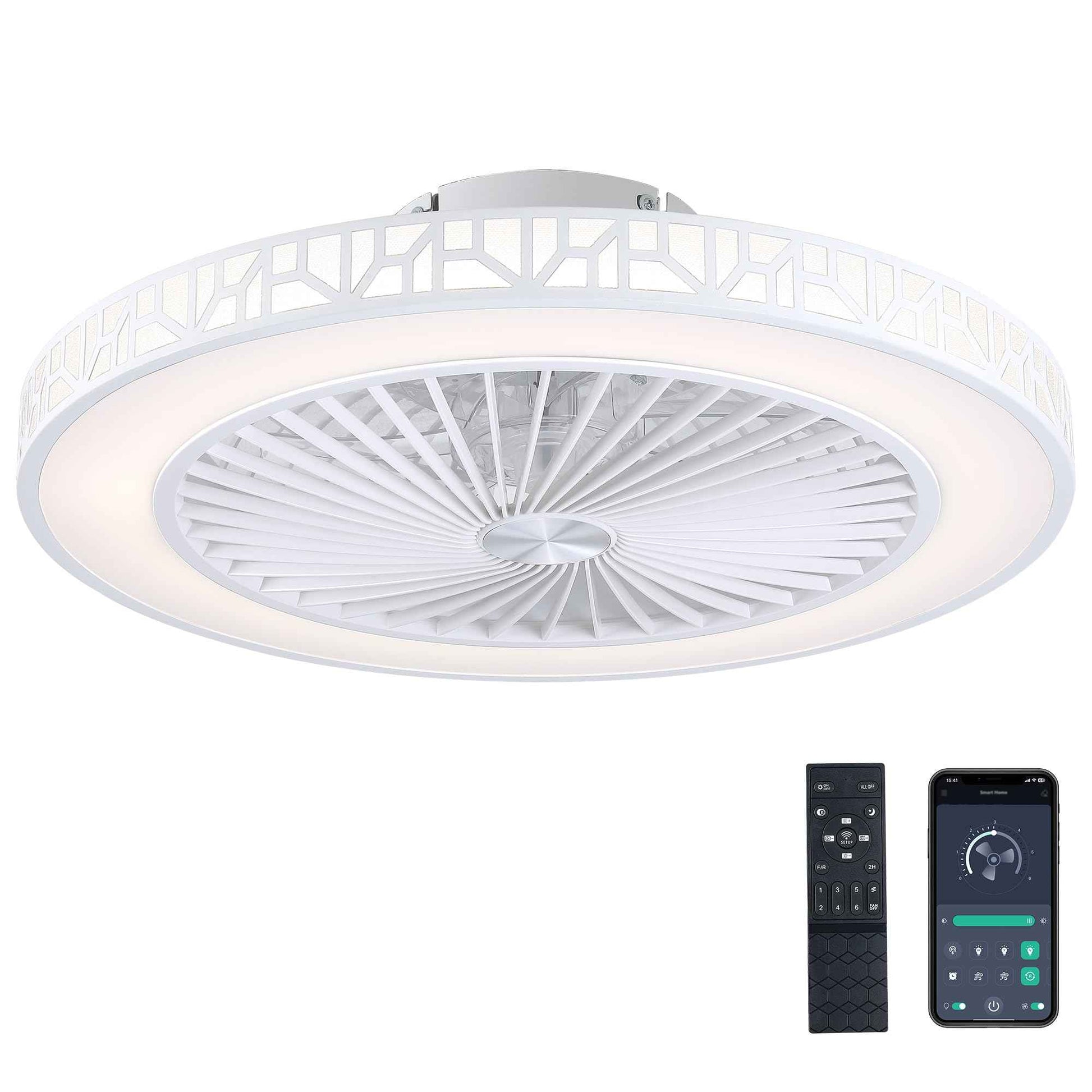 YKLITG Bladeless Ceiling Fan with Lights and Remote, 19 Inch LED Low Profile Fandelier Ceiling Fans with Metal Frame, White Flush Mount Light Fixtures for Kids Bedroom, Kitchen, Living Room