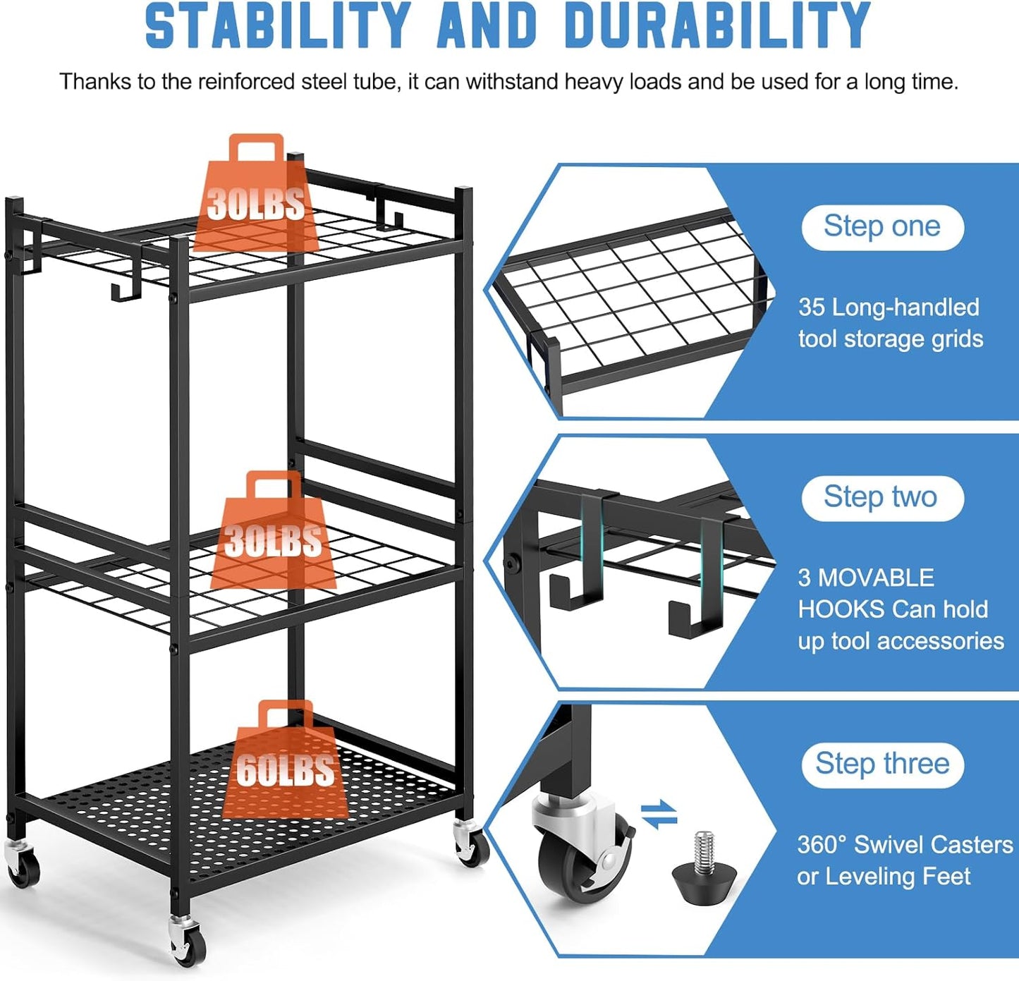 Garden Tool Organizer on Wheels - Sturdy Metal Rack for 35 Long-Handled Tools, 3 Hooks, Outdoor Storage, Black