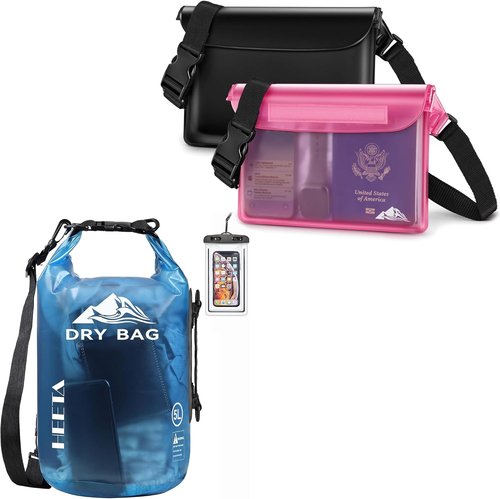 HEETA Waterproof Dry Bag - Transparent Blue 5L with 2-Pack Waterproof Pouches & Adjustable Waist Strap (Black & Pink)
