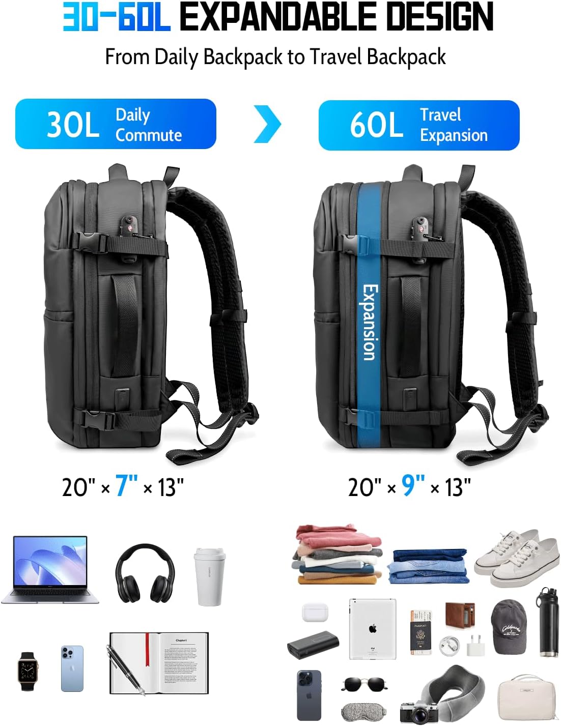Zurligi Vacuum Backpack - Expandable 30-70L Compression Travel Bag with Pump & USB Charge Port (Black)