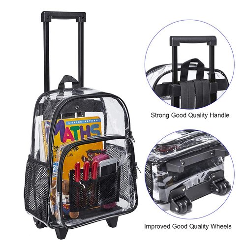 Clearworld Rolling Clear Backpack, Heavy Duty Cold-Resistant Security Transparent PVC Backpack with Wheels (Black)