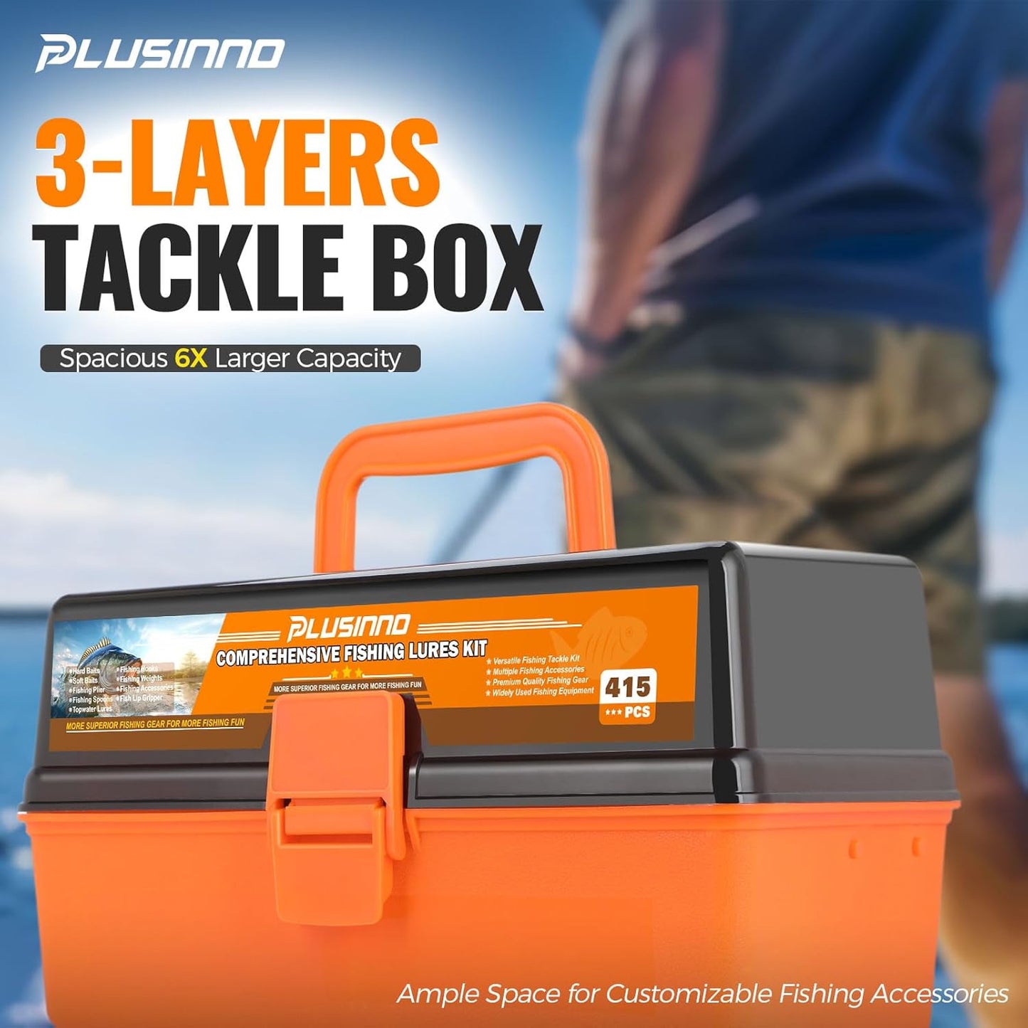 PLUSINNO Large Fishing Tackle Box - 3 Layers with 415Pcs Lures, Pliers, Hooks & Accessories | Perfect Gift for Men