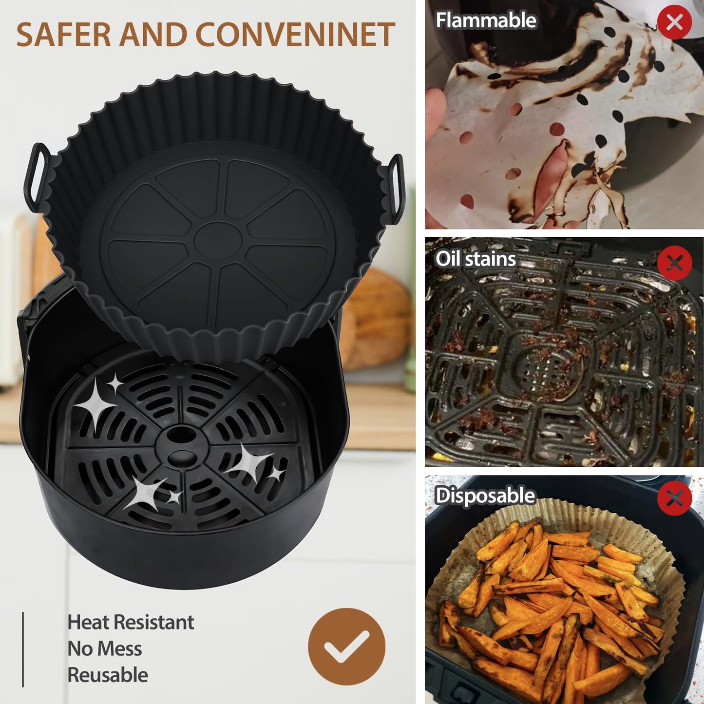 Viretec 2 Pack Air Fryer Silicone Liners for Ninja, Reusable Silicone Bowl Basket Fit for 3 to 5QT Air Fryer, Replacement of Flammable Parchment Paper