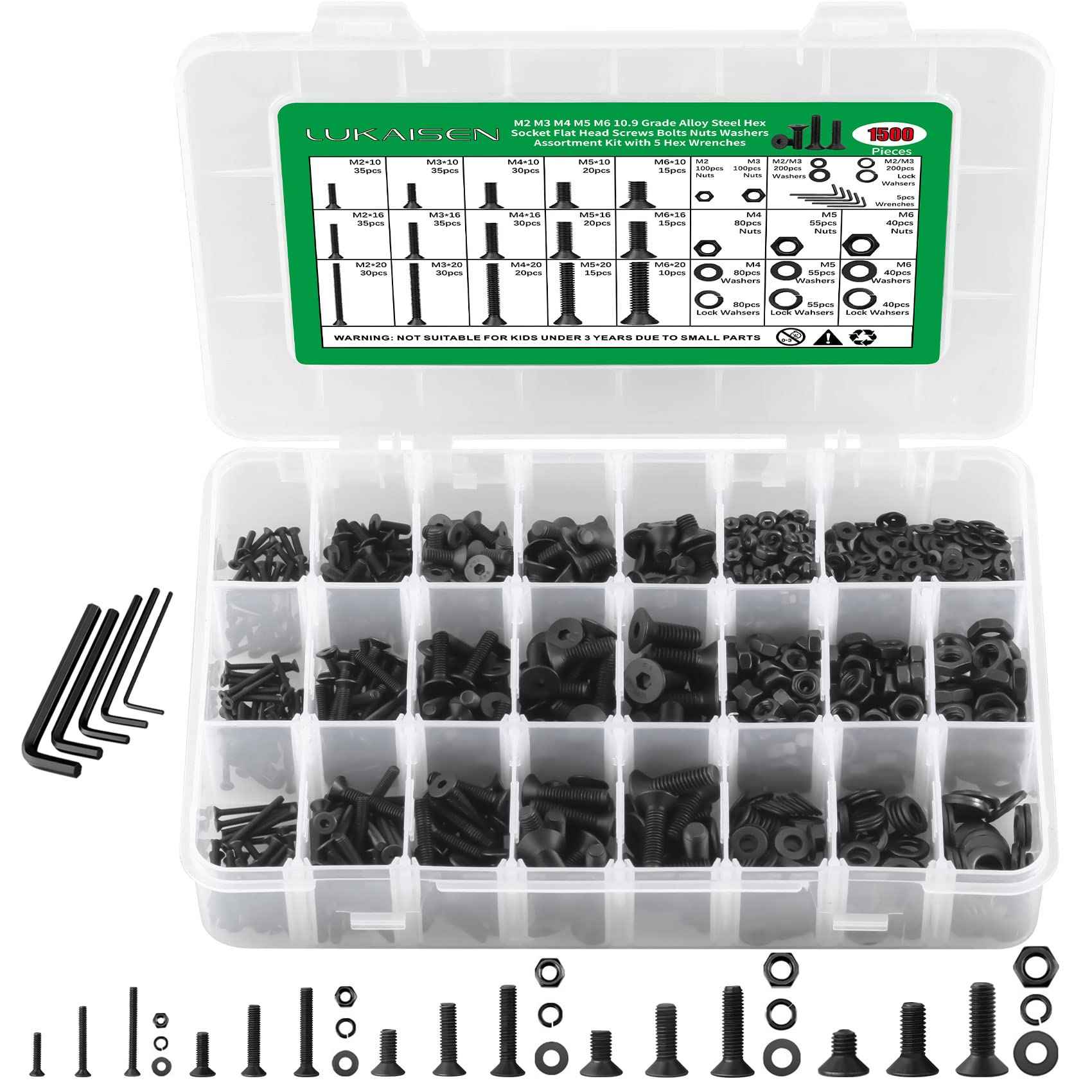 Metric Screws Suitable for 3D Printer DIY, 1500PCS M2 M3 M4 M5 M6 Screw and Nut Assortment Hex Socket Flat Head Cap 10.9 Grade Alloy Steel, Black Zinc Plated Metric Bolts and Nuts Assortment Kit