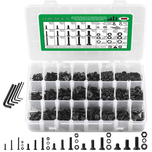 Metric Screws Suitable for 3D Printer DIY, 1500PCS M2 M3 M4 M5 M6 Screw and Nut Assortment Hex Socket Flat Head Cap 10.9 Grade Alloy Steel, Black Zinc Plated Metric Bolts and Nuts Assortment Kit