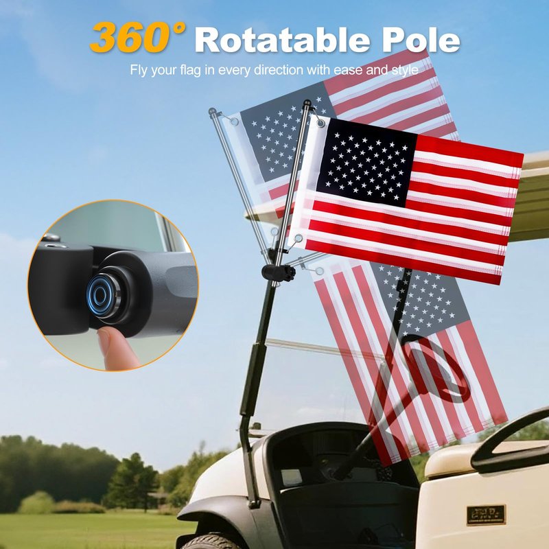 Universal Golf Cart Flag Pole 2pcs, Flag Pole Kit for YamahaEZGOClub CarBoat\UTVATV ,Flag Holder Bracket with 0.59"-1.25" Round Square Rails,Heavy Duty ABS Plastic Base Windproof Bracket,Included USA Flag,2pcs USA Flag Included