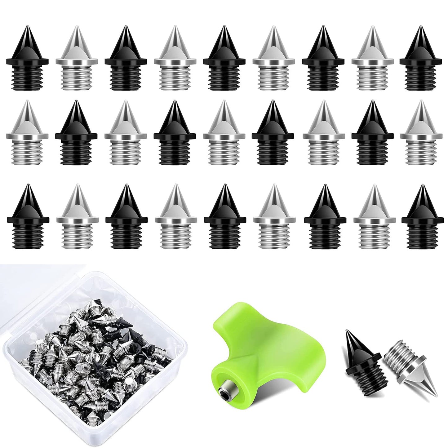 SUIGREOY 1/4 Inch Track Spikes,110 Pieces Steel Track Shoe Spikes Replacements with Spike Wrench for Sports Running Track Shoes,Used for Track and Field Sprinting or Cross Country(Black+Silver)