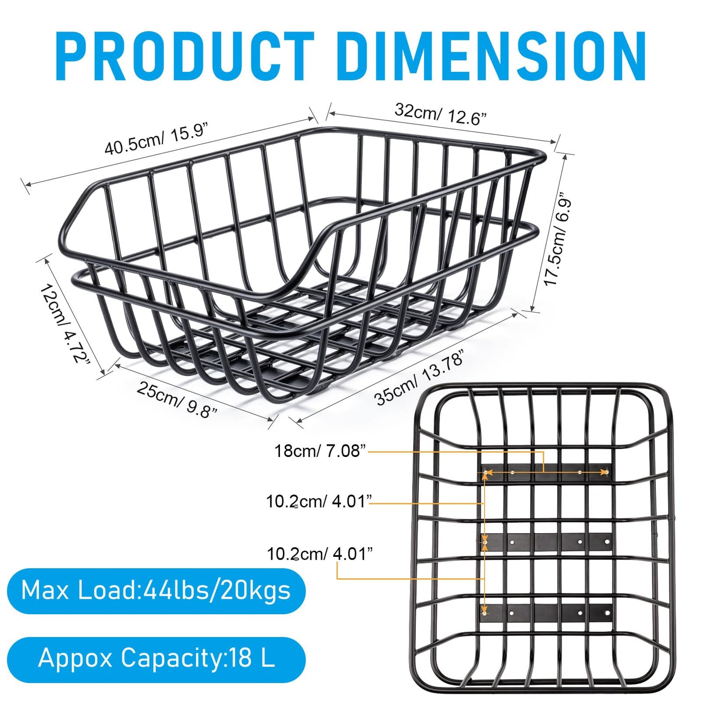 CXWXC Rear Bike Basket - Bicycle Rear Basket with Cargo Net and Waterproof Cover - Rear Mount Aluminium Bike Basket Large Capacity