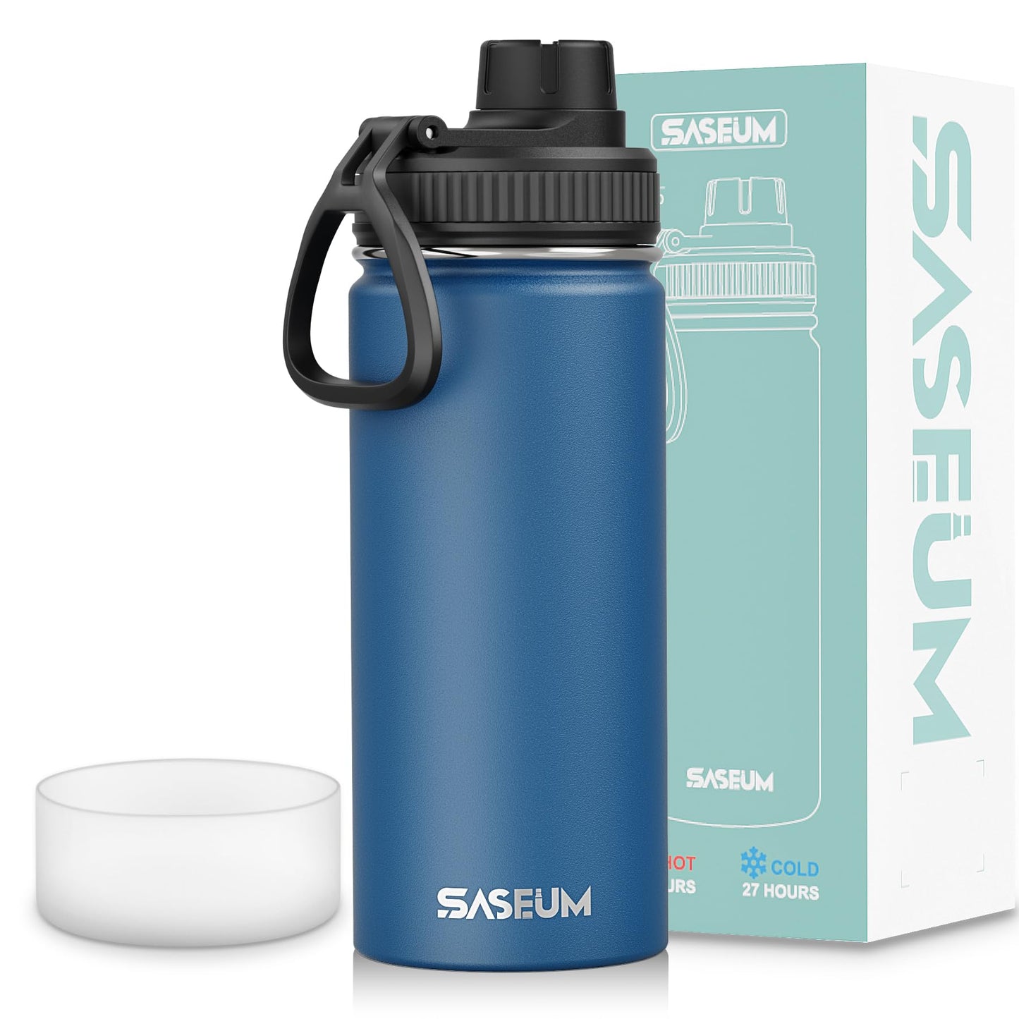 SASEUM Sport Water Bottle 22oz Stainless Steel Double Wall Vacuum Thermal Mug with Leak Proof Spout Lids, Wide Mouth Metal Insulated Water Jug for Gym and Travel（Navy）