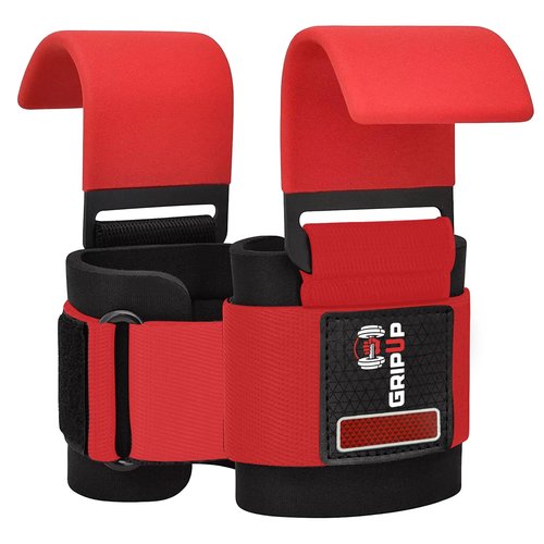 GripUp Weight Lifting Hooks – Heavy Duty Gym Straps for Deadlifts, Pull-Ups, Rows & Strength Training Secure Grip Support for Weightlifting, Powerlifting CrossFit Nylon & Neoprene Padding (Red)