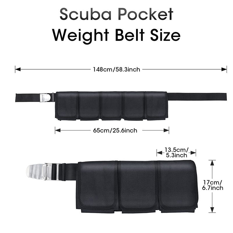 Pluzluce Scuba Weight Belt with 5 Pockets, Quick-Release Buckle Diving Pocket Weight Belt Adjustable Snorkeling Webbing Weight Pouch Belt fit for Waist 32" to 52" Black (Not Including Weights)