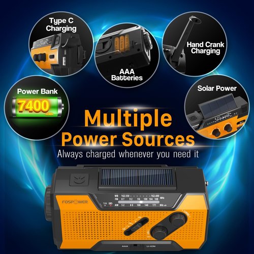 FosPower NOAA Emergency Weather Radio - Portable Power Bank with AM/FM, USB/Solar/Hand Crank, SOS Alarm & Flashlight - Orange