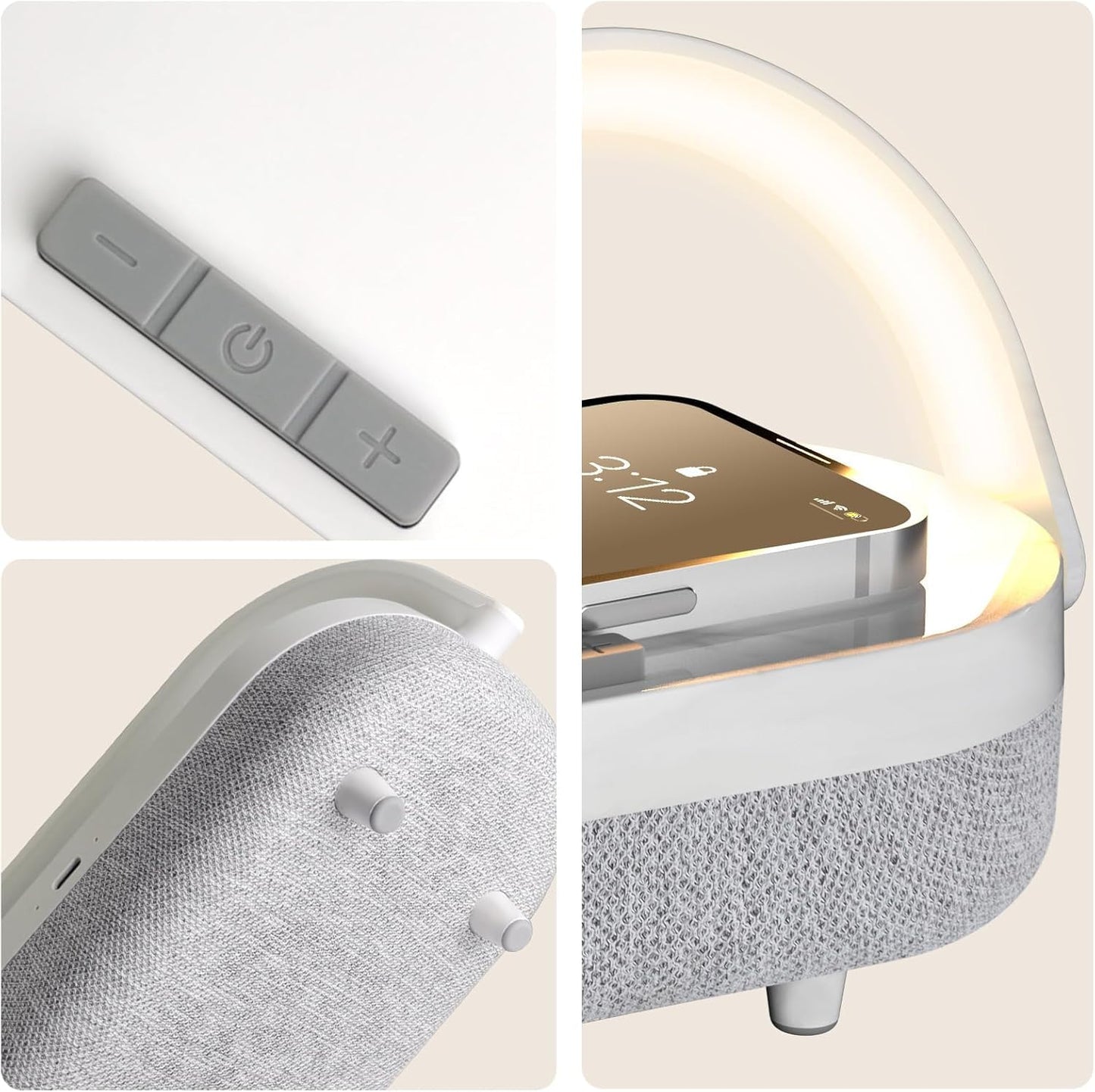 LED Bedside Lamp, Touch Lamps for Bedroom Nightstand MA, 4 in 1 Bedside Table Lamp with Wireless Charger, Portable Bluetooth Speaker, Phone Holder, Dimmable Charging Birthday Gifts for Women (White)