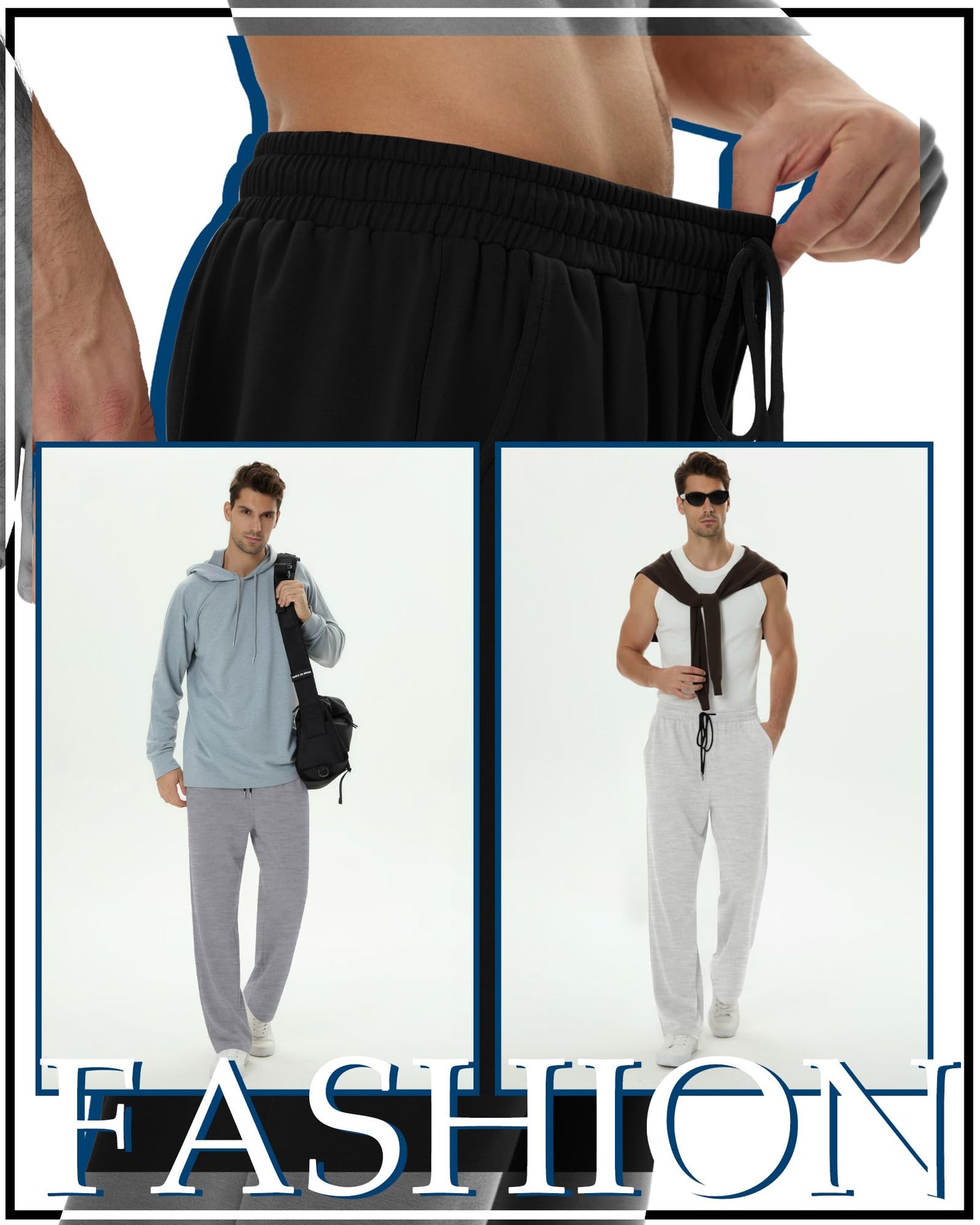 August Alley 4 Pack Men's Sweatpants Open Bottom with Pockets Drawstring Athletic Lounge Joggers Baggy Workout Pants(Black, Navy Blue, Twilight Gray, Heather White,Medium)