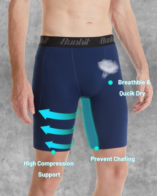 Runhit Men's Compression Shorts with Pockets – 9'' Performance Athletic Shorts for Workouts Sports Running Spandex Underwear (Navy,Medium)