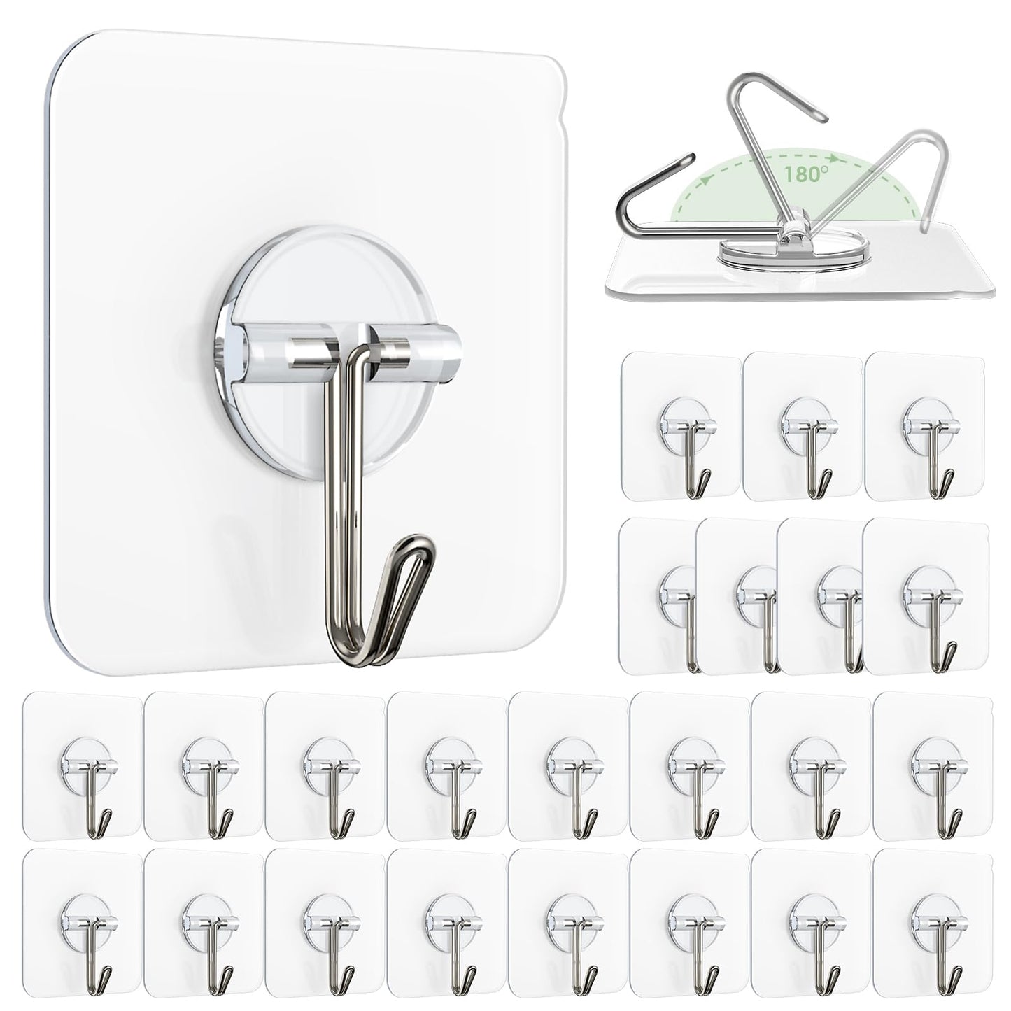 Lomrsiul Adhesive Wall Hooks for Hanging, Clear Removable Window Hooks 13 lb Stainless Steel Stick on Hooks Waterproof Self Adhesive Hooks for Shower Door Ceiling Kitchen Cabinet 24 Pack
