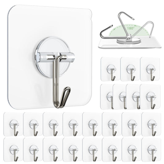 Lomrsiul Adhesive Wall Hooks for Hanging, Clear Removable Window Hooks 13 lb Stainless Steel Stick on Hooks Waterproof Self Adhesive Hooks for Shower Door Ceiling Kitchen Cabinet 24 Pack