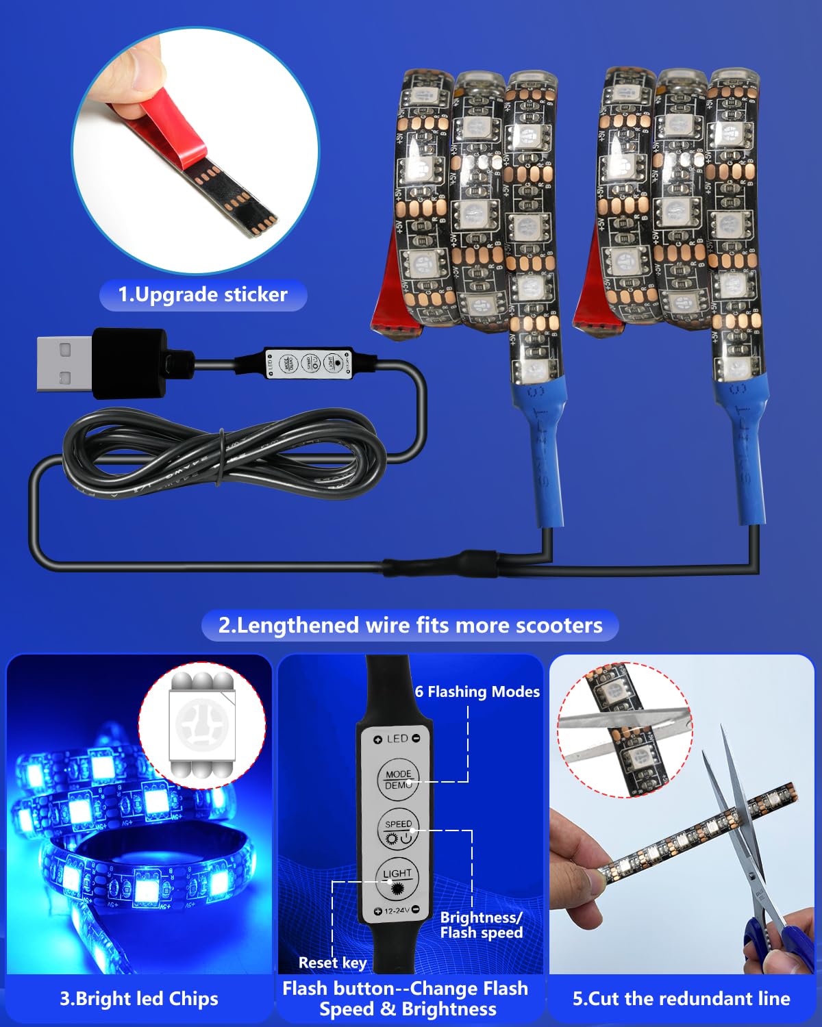 Keiurot Led Lights for Scooter Lights for Night Riding, Electric Scooter LED Strip Light Accessories Blue Led Light Strips 5v Flashing Mode for Skateboard Light, Bike, 2 in 1