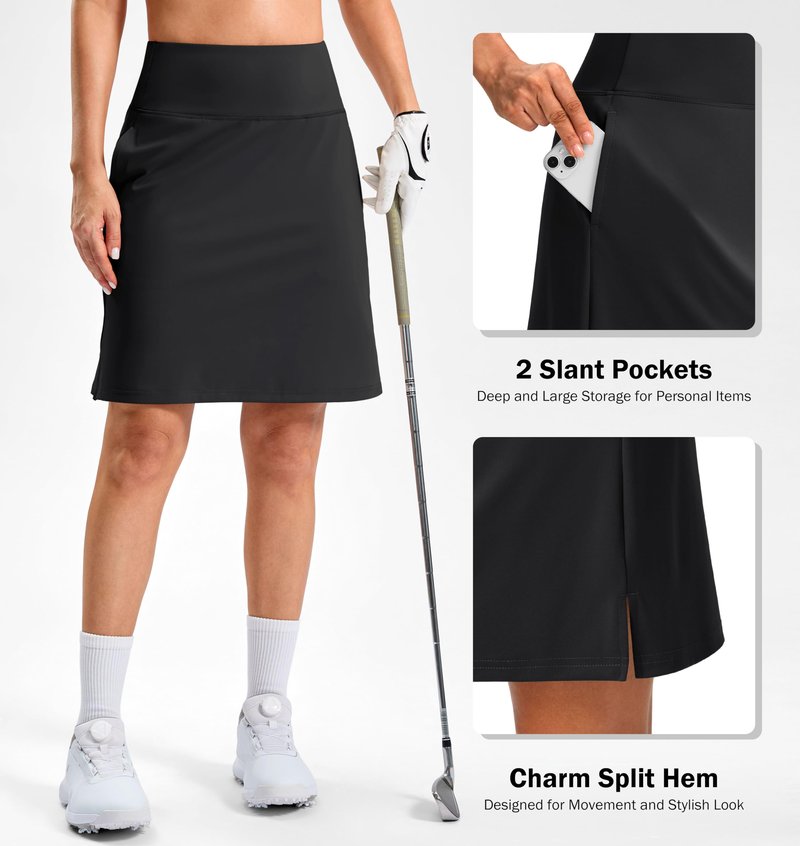 SANTINY 20" Skorts for Women 3 Pockets High Waist Long Athletic Tennis Skirt Golf Skort for Casual Summer Travel (Black_L)