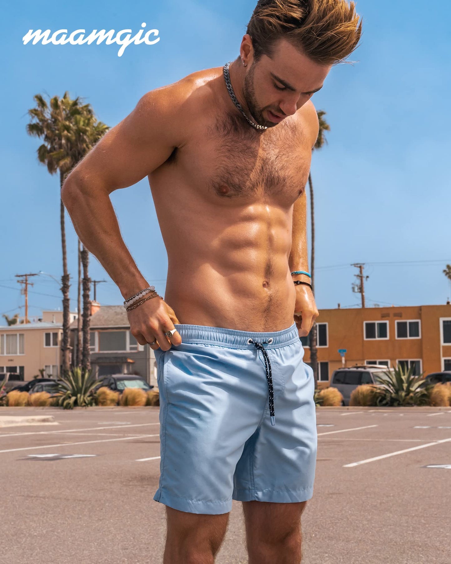 maamgic Mens Swim Trunks Quick Dry Swim Shorts with Mesh Lining Funny Swimwear Bathing Suits 7inch Solid Lake Blue X-Large