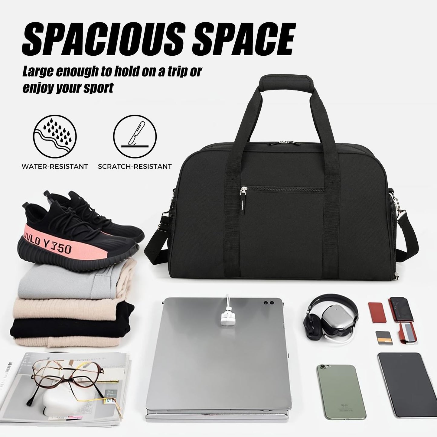 Searock 45L Gym Bag for Men & Women with Shoe Compartment, 21” Large Duffle Bag for Travel, Sports, Fitness & Workout, Black