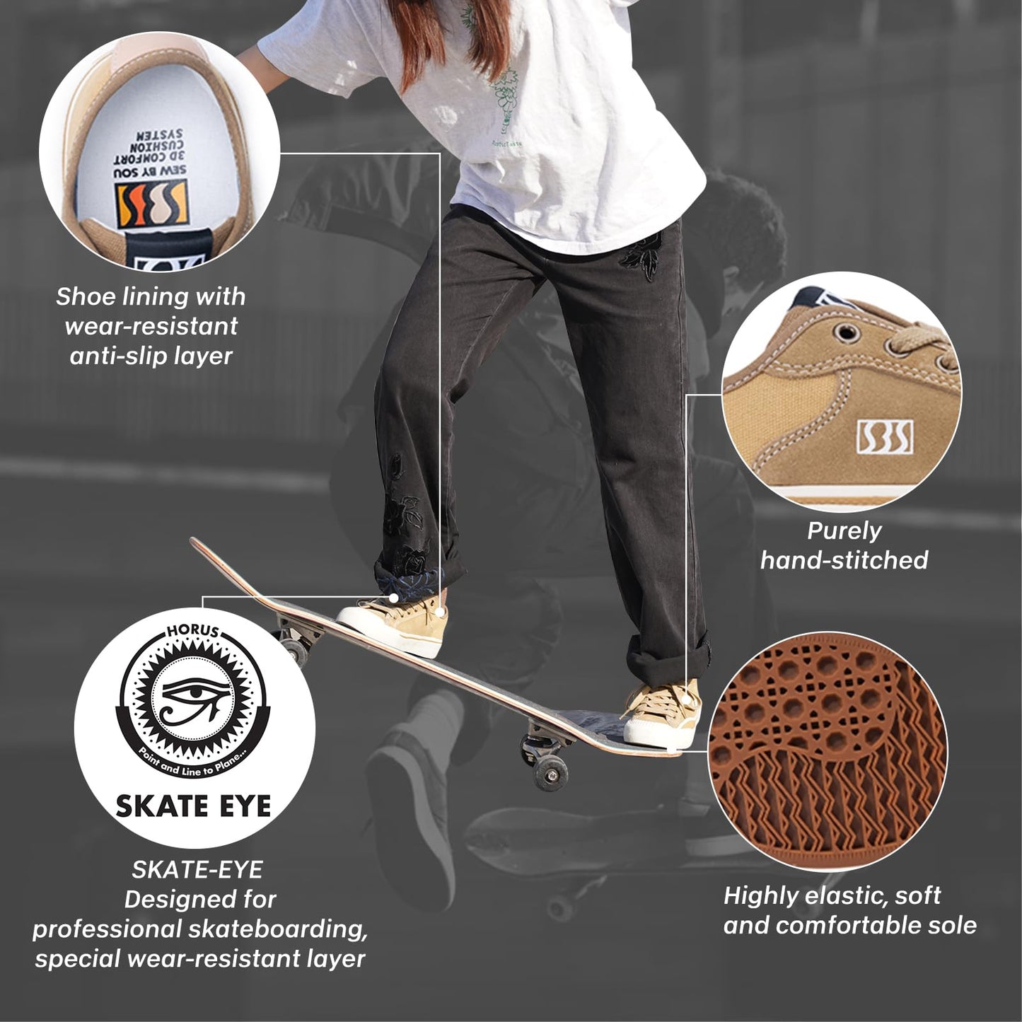 SEW BY SOU Skateboard Shoes for Men Leather Low Top Pro Skateboarding Training Casual Sneakers