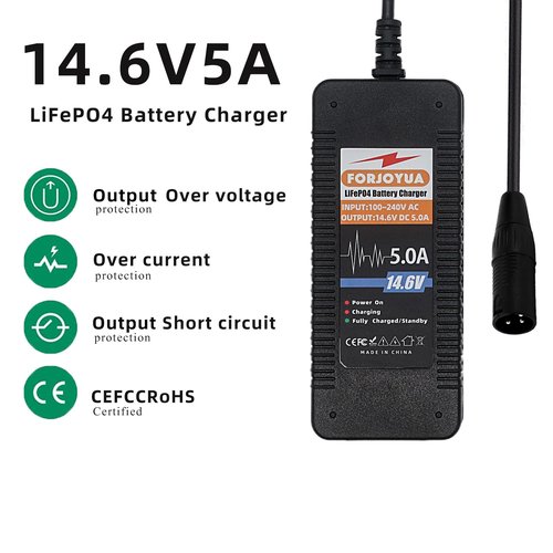 FORJOYUA 14.6V 5A LiFePO4 Scooter Battery Charger for 4S 12.8V LiFePO4 Battery Pack with 3P-XLR 1+2 Connector