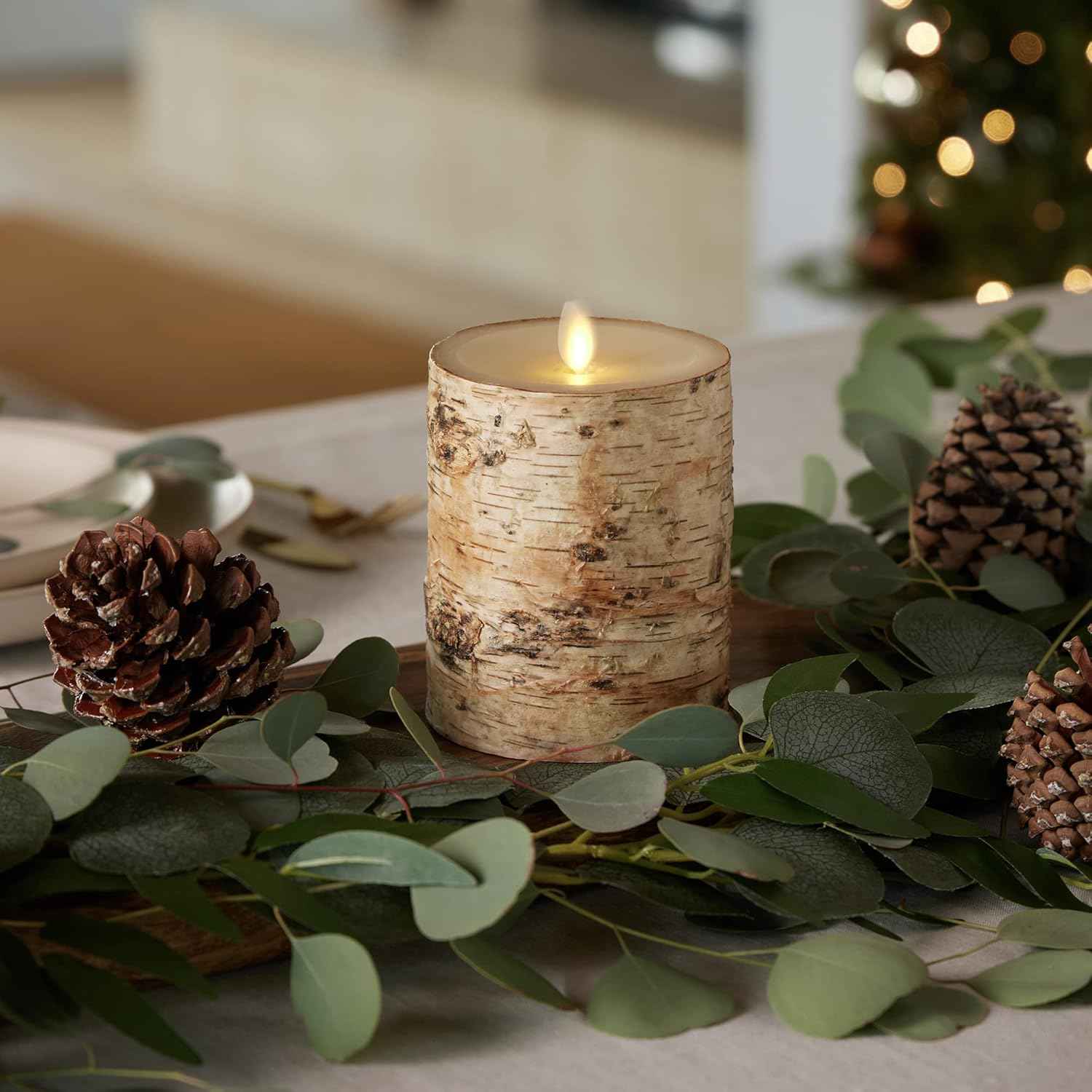 Realistic Moving Flame LED Pillar Candle with Birch Bark - Battery Operated, Remote Ready, 4x7