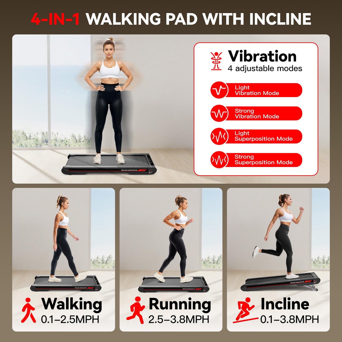 Sperax Walking Vibration Pad with Manual Incline,4-in-1 Under Desk Treadmill with APP Vibration Machine, Suitable for Home and Office use
