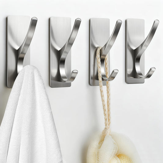 Josmimic Self Adhesive Towel Hooks: Extra Strong 13LB, Stainless Hook for Hanging Loofah, Towels, Coat, Bath Robe Bathroom Shower, Brushed Nickel, 4 Pack