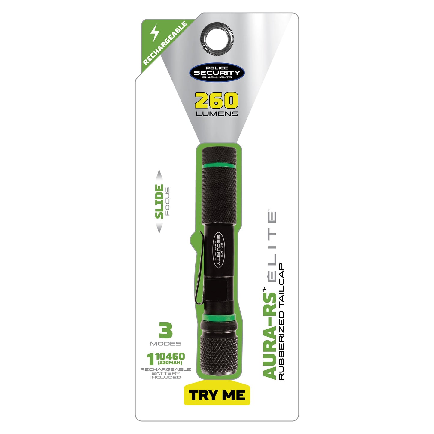 Police Security Aura-RS Ultra-Bright 260 Lumen Rechargeable Flashlight, Compact, 3 Modes, Slide Focus, Micro-USB Charging, Perfect for DIY Projects and Trade Professionals