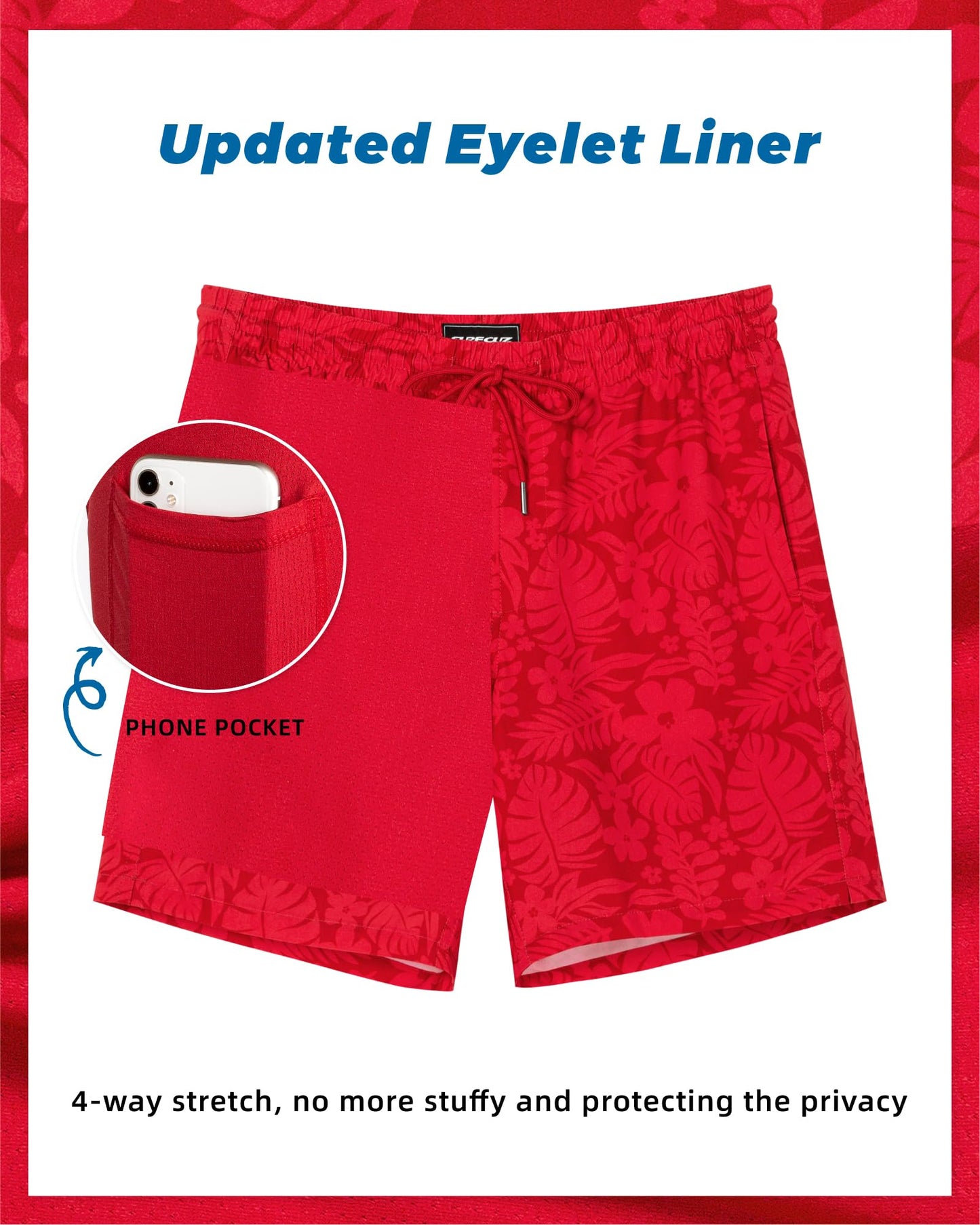 SURF CUZ Mens Swim Trunks with Compression Liner Quick Dry Swim Shorts 7" Swimming Trunks Stretch Zipper Pockets,Red Leaves,M