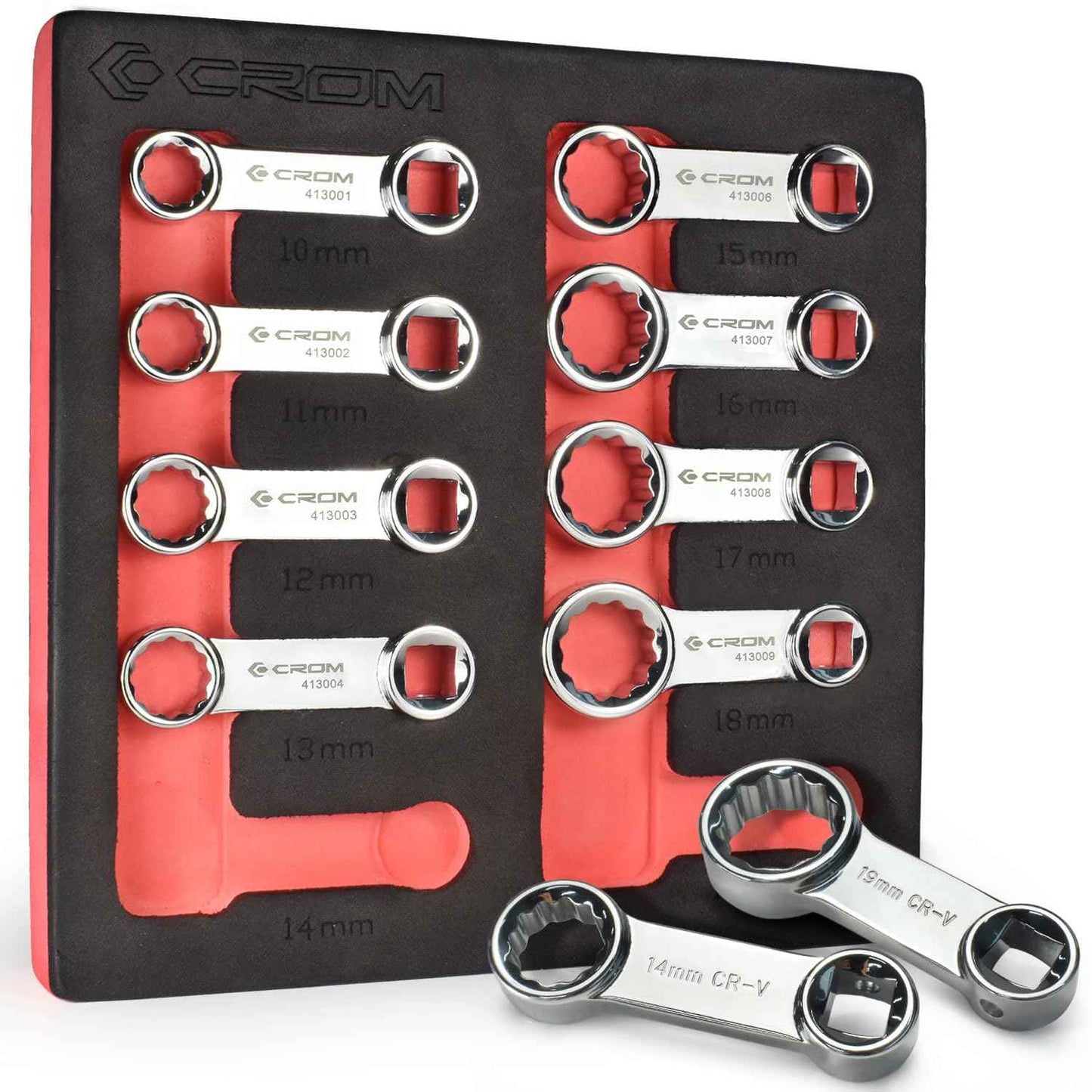 CROM Torque Adapter Extension Set - 12-Point Box End Torque Wrench Adapter with EVA Foam Tray, Made from Corrosion-Resistant CR-V Steel and Chrome Finish (Metric 10-Piece)