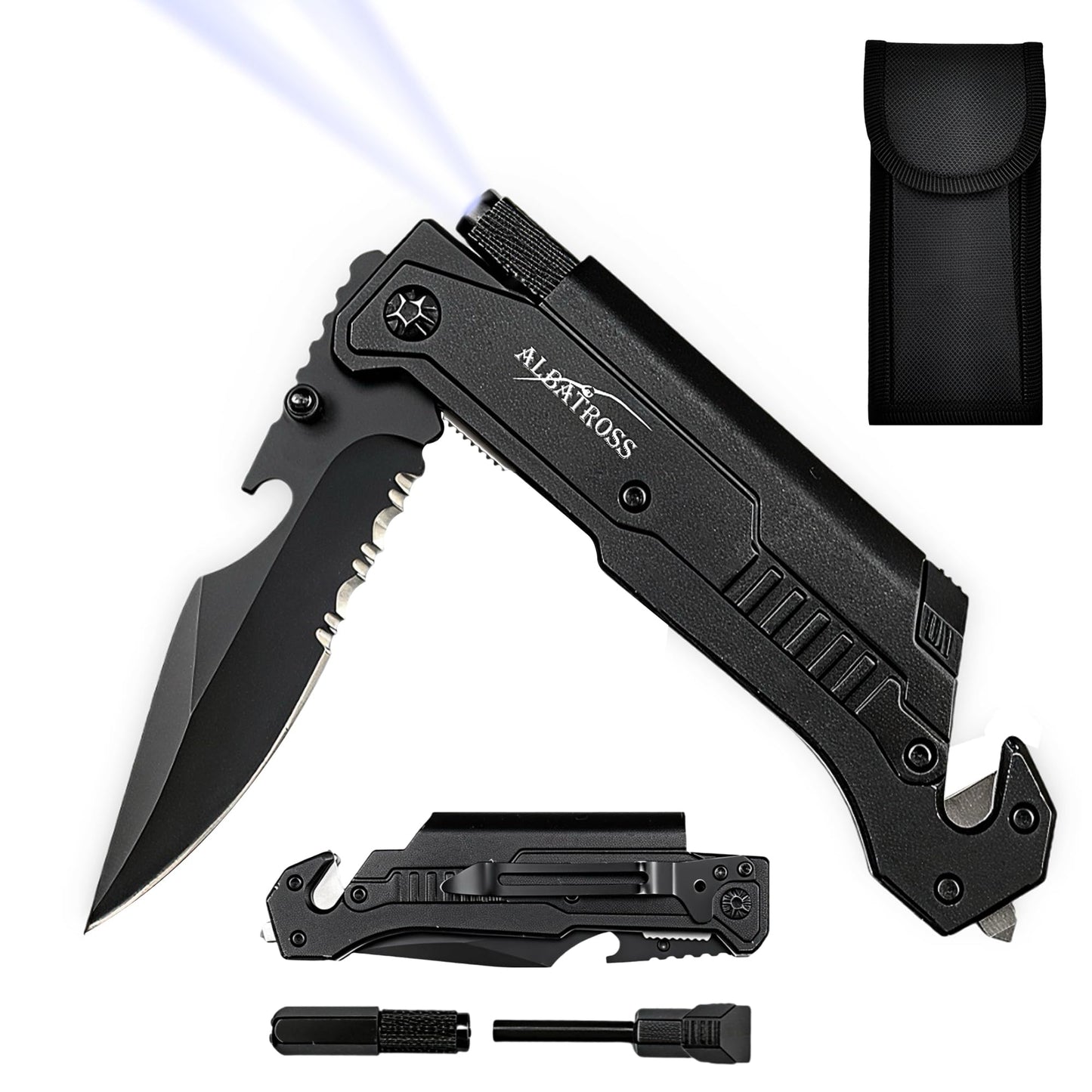 Father's Day, Mother's Day & Birthday Gifts For Men/Women: ALBATROSS 7-in-1 Tactical Survival Knife - Glass Breaker, Seatbelt Cutter, Serrated Steel Blade, Firestarter, LED Flashlight, Bottle Opener & Pouch | Military, Emergency, Outdoor Rescue Gear For D