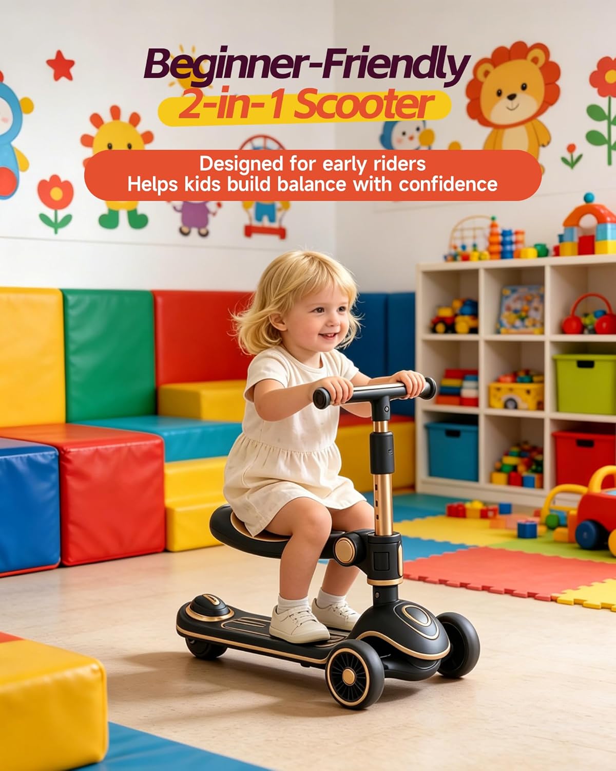 Skiennix 2-in-1 Toddler Scooter - Sit-to-Stand Design for Kids Ages 2–5 | Adjustable Handlebars & Light-Up Wheels