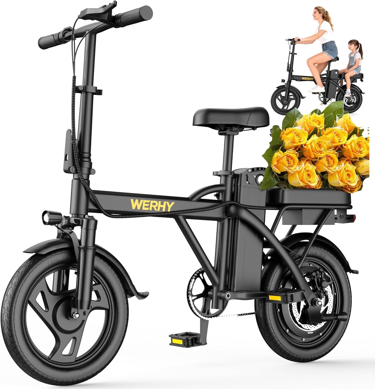 WERHY Electric Bike - 500W Motor, 22 MPH Max Speed, Folding Design, 14" Mini E-Bike, 30/40/50 Miles Range