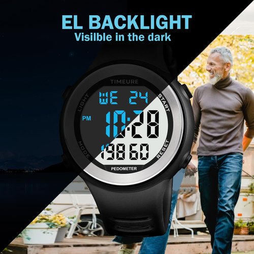 Mens Pedometer Watch for Walking Step Counter Watch No Charging, No App Connection, with EL Backlight. Simple, Practical Choice for Mobile-Free Fitness Enthusiasts TIMEURE-2308 (Black)