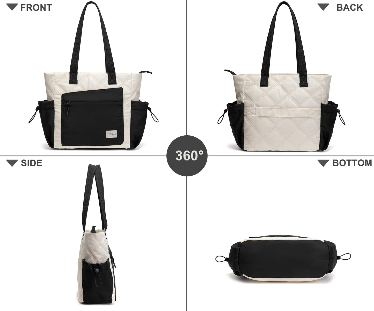 Wytidian 2PCS Women Tote Bag, Puffer Lightweight Shoulder Bags, Quilted Nurse Totes with Zipper for Work, Traveling, College (White-black)