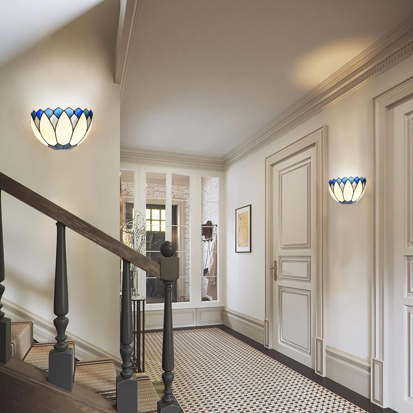 HomeBeauty WL0006 Blue White Lotus Tiffany Style Wall Sconce Stained Glass Wall Light Fixtures for Hallway Stairway Bedroom Livingroom, 12 Inches Wide(Blue White)