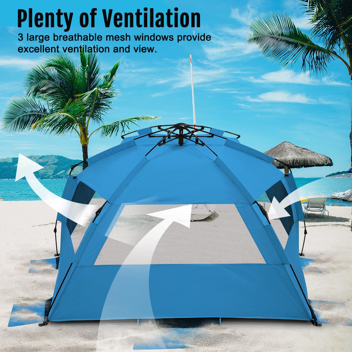 WhiteFang XL Pop Up Beach Tent Sun Shade Shelter for 3-4 Person with Blackout Shelter, UV Protection, Extendable Floor with 3 Ventilating Windows Plus Carrying Bag, Stakes, and Guy Lines (Solid Blue)