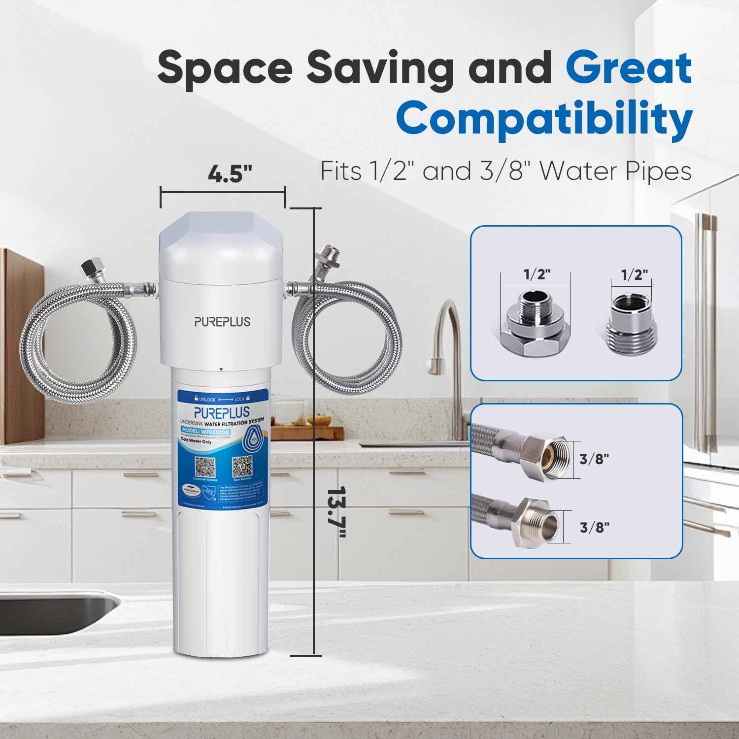 PUREPLUS Under Sink Water Filter System, 22000 Gallons, 99.99% Chlorine Reduction, NSF/ANSI 42 Certified,Removes Heavy Metals,Chlorine, Direct Connect Under Counter Water Filtration System