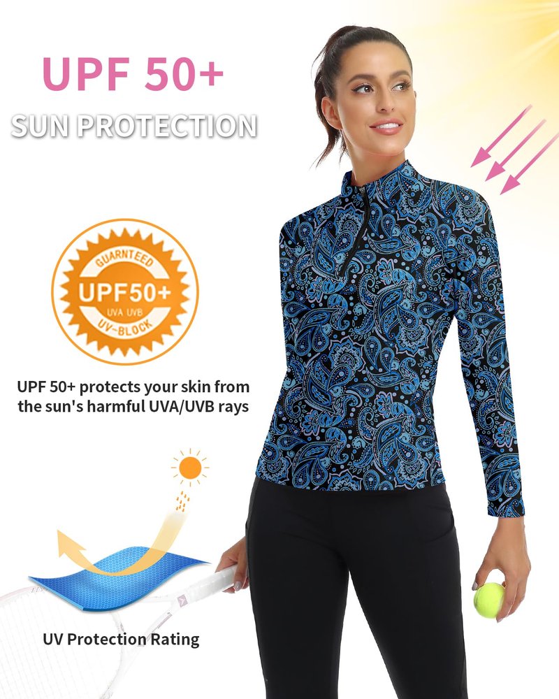 Women's 1/4 Zip Pullover Long Sleeve Athletic Shirt Collared Running Top Quick Dry Tennis T-Shirt (Blue Paisley-054,Large)