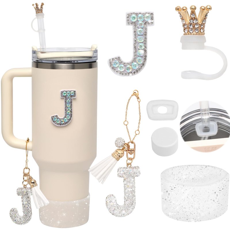 Rabrgab 6Pcs Stanley Cup Accessories Set - Giltter Letter Charm for Cup Handle, Silicone Straw Cover, Diamond Letter Sticker, Sparkly Silicone Boot, Spill Proof Stopper for Tumbler 40Oz 30Oz J