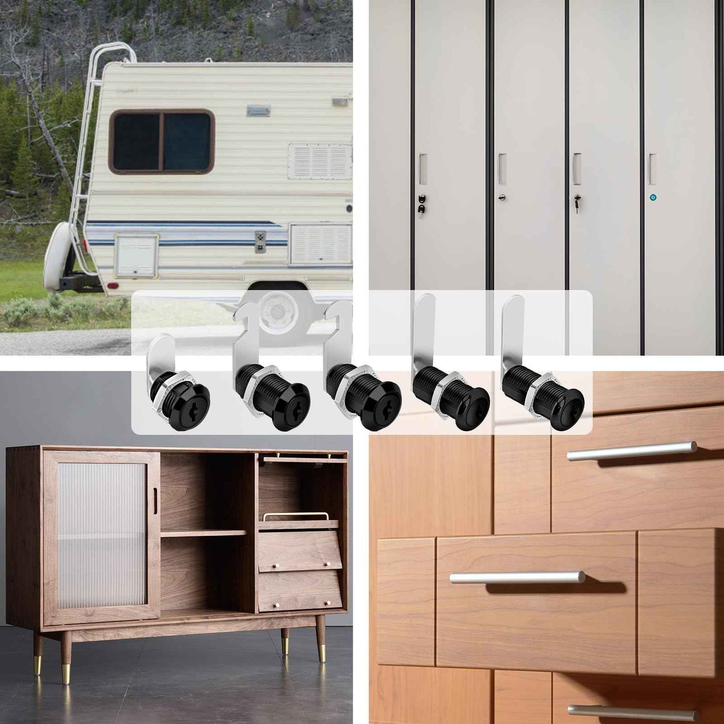 Pertinel 1-1/2 Inch Cabinet Cam Lock Set - 5Pcs Keyed Alike Black Locks for Secure Files, Drawers, RV Storage - Replacement Set With Black Finish