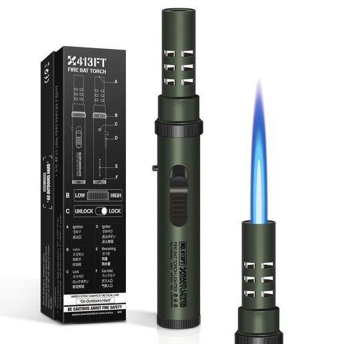 Camping Lighter, Torch Lighter, Windproof Jet Flame Butane Refillable Adjustable Flame with Safety Lock&Fule Guage for Campfires Kitchen Hiking Candles Fireplace BBQ Outdoor Camping Essentials(Green)