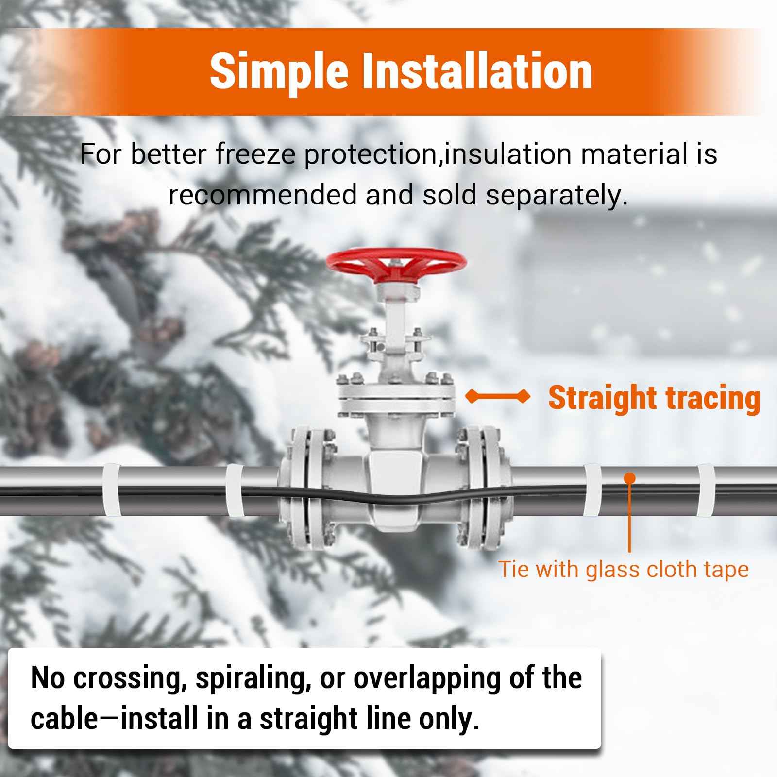 12FT Pipe Heat Tape and Heat Cable with Built-in Thermostat, Easy Install, Prevents Freezing for Metal and Plastic Pipes, Keeps Water Flowing at -40°F, 7W/ft, 120V