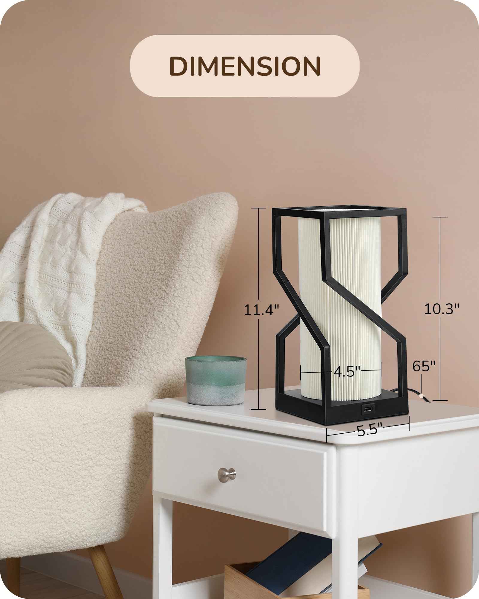 EDISHINE Modern Table Lamp, Bedside Lamp with Pleated TC Lampshade, USB-A Port, Overall Touch Control, Nightstand Lamp for Bedroom, Living Room, 9W 2700K 3-Stage Dimmable Bulb Included