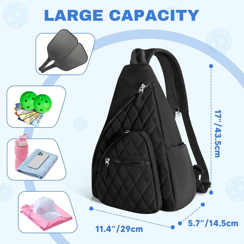 Trahzia Pickleball Sling Bag for Women and Men, Pickle Ball Paddle Backpack with Fence Hook for Racquetball, Badminton Rackets, Black