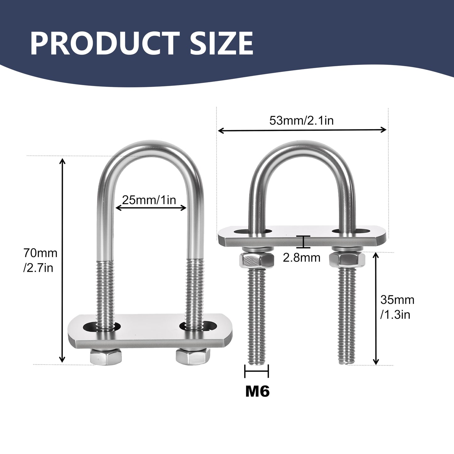 SRZTXU 4 Sets M6 U-Bolts,u-Bolts 1" (25mm) Wide,304 Stainless Steel u-Bolts,with Nuts,Bolt Plate and washers (4, M6 x 25mm x 70mm)
