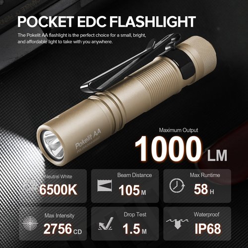 ACEBEAM Pokelit AA Rechargeable Mini Flashlight with Clip, 1000 High Lumens Pocket EDC Flashlight, Super Bright Small Flashlight, Led Flash Light for Camping, Hiking, Everyday Use, Cool White Light